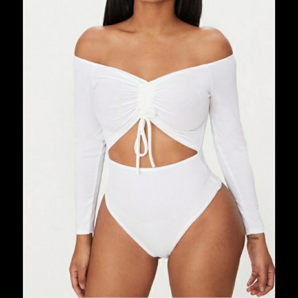 PrettyLittleThing White Tie Front Bodysuit